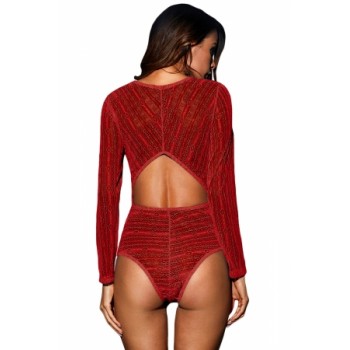 Red Deep V Neck Long Sleeve Bodysuit with Open Back